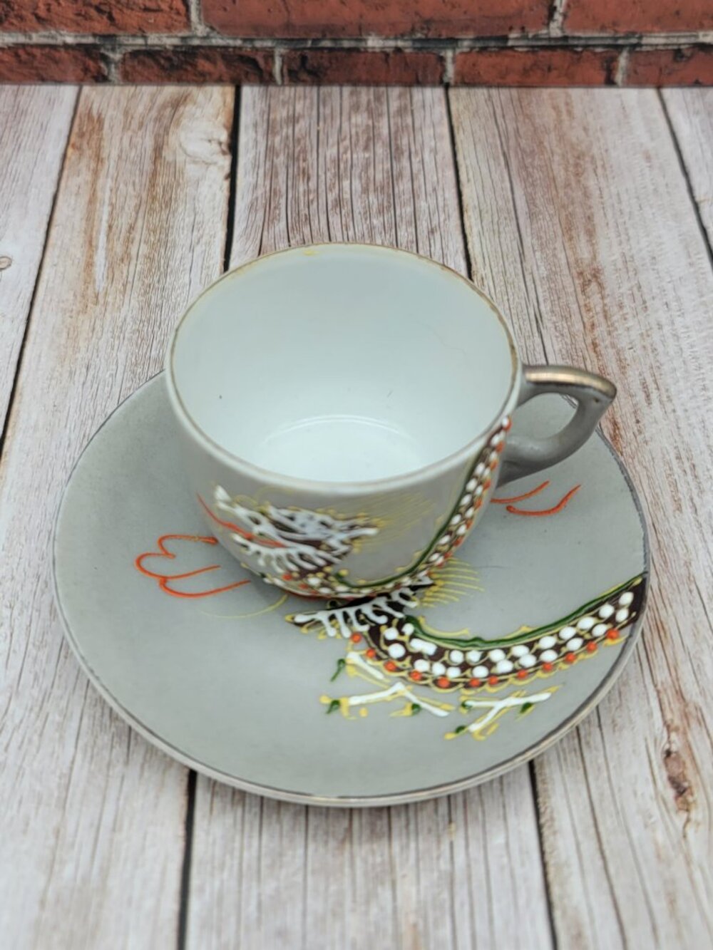 Occupied Japan Hand painted Gray Moriage Porcelain Dragonware Mini Cup & Saucer - Picture 6 of 12